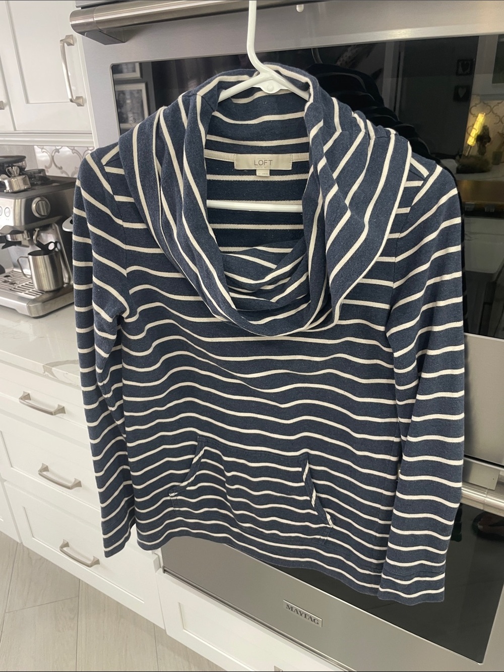 LOFT Navy & White Striped Cowl Neck Pullover
